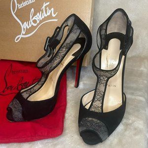 Black Voile 120 Dentelle Fleur Peep Toe Louboutin Heels - Euro 38 , US 8